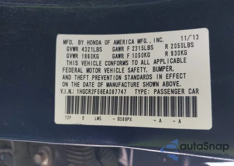 2014 Honda Accord Sport z USA, uszkodzony, nr VIN 1HGCR2F58EA087747